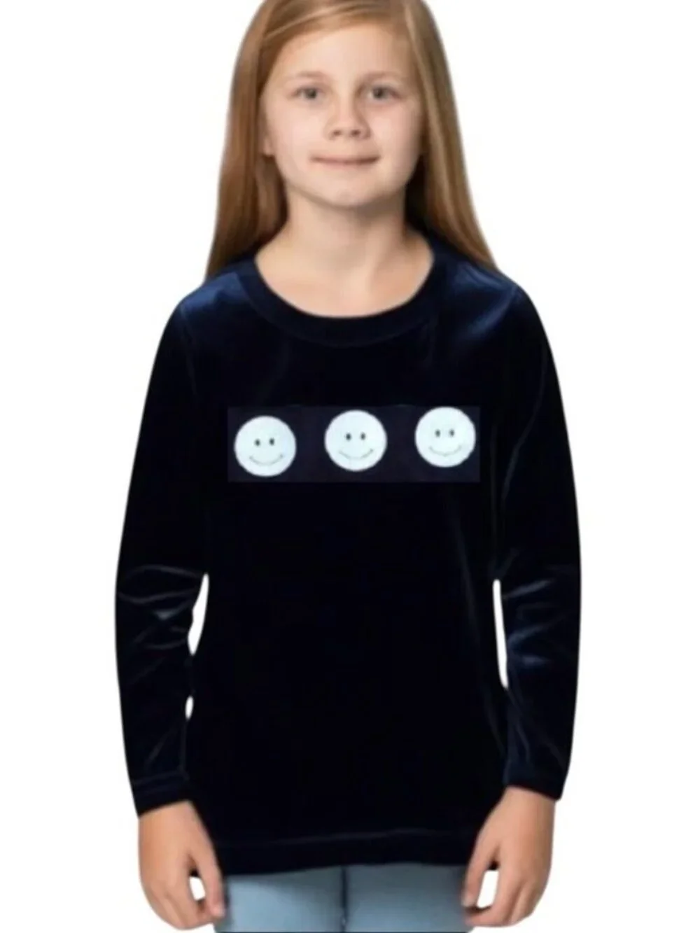 SWAT Brand Kids Girls Glittery Smiley Front Velvet Long Sleeve Blouse Sz Medium - Picture 9 of 9